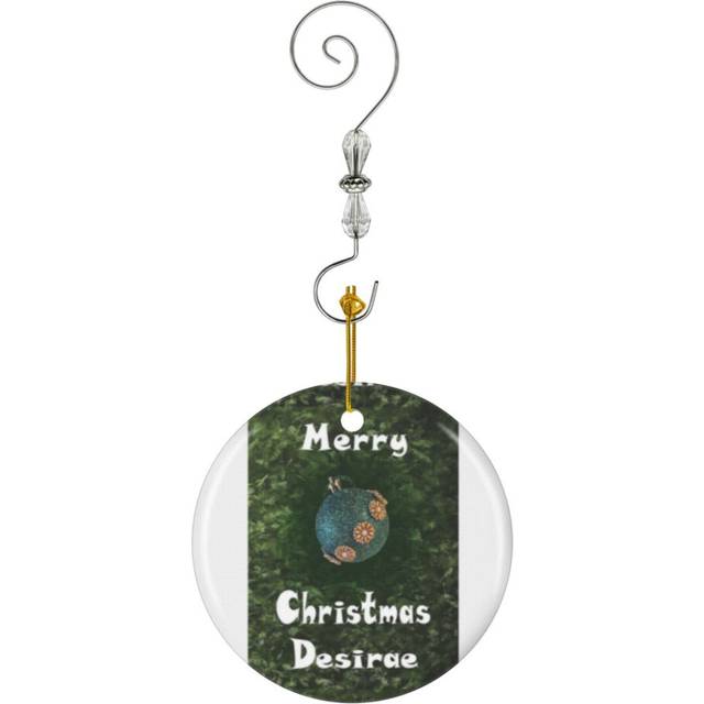 (Merry Christmas Desirae - Green Glitter Ball Ornament With Beaded Flowers_7843) Christmas Ornaments Ceramic with Crystal Hook Xmas Handmade Tree Deco