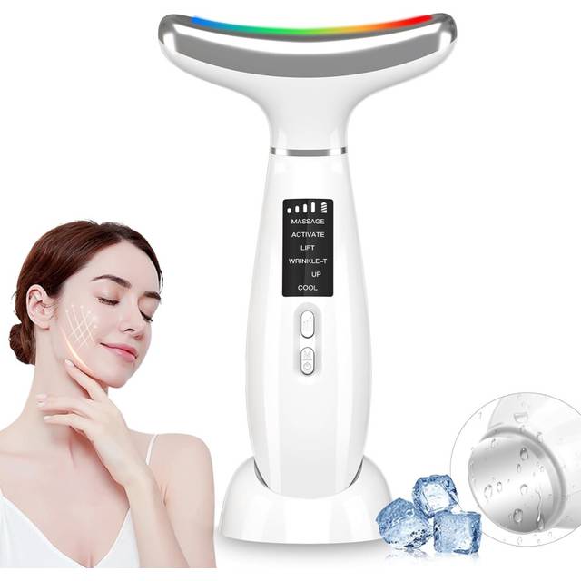 Chronus Neck Face Beauty Device, Multifunctional Portable Facial Massager, 4 Color Led Face Neck Massager for Skin Care - white