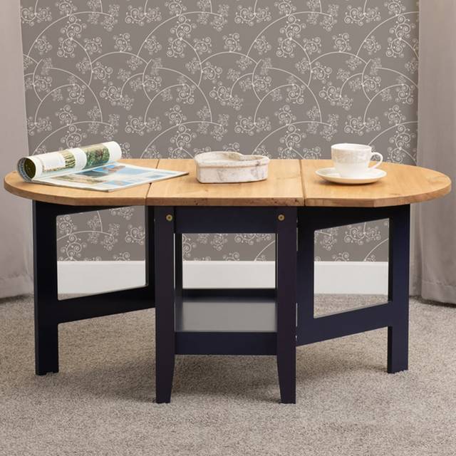 Seconique Santos Drop Leaf Coffee Table in Navy Blue/Distressed Waxed Pine, none
