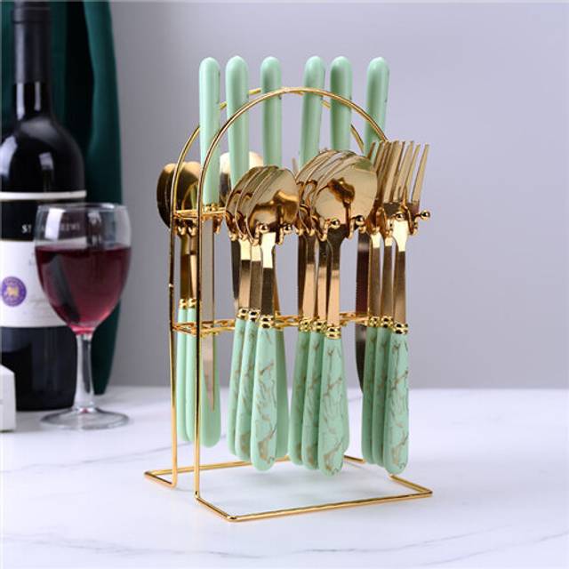 (Light green) Ceramic Stainless Steel Cutlery Sets Of 24 Pieces