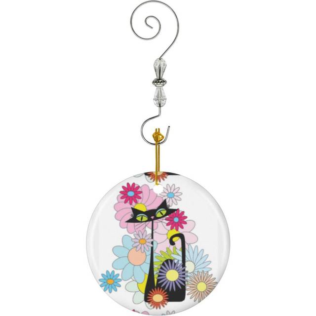 (Atomic MCM Cat Flower Power II-2642) Christmas Ornaments Ceramic Charm with Hook Crystal Handmade Xmas Tree Decorations KeepsakeÂStocking Stuffer