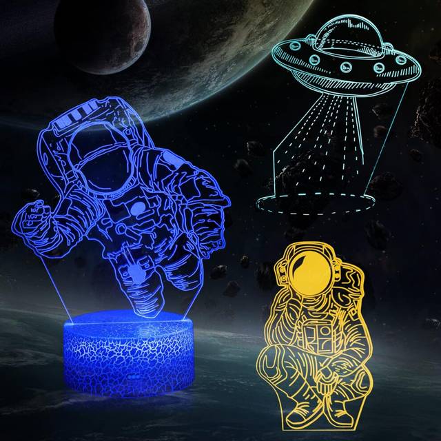 3 Patterns Spaceman UFO Spaceship 3D Night Light for Boys, Astronaut Illusion Lamp 16 Color Changing Dimmable with Remote