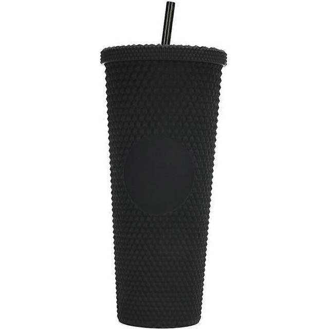 (Black, One size) 710ML/24OZ Large Capacity Water Cup Fully Studded Matte Tumbler Reusable Plastic Cup with Wide Opening Leak-Proof Lid Straw