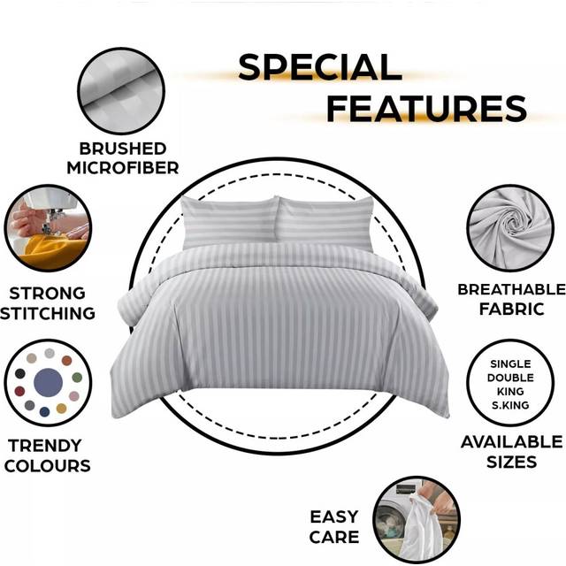 (King, Silver) Stripe Duvet Covers Bedding Set Fitted Sheet & Pillowcase