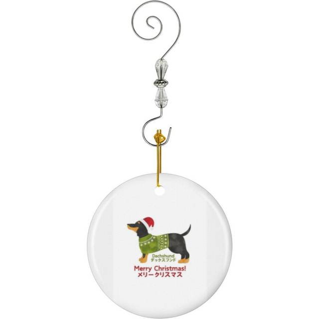 (Dachshund Christmas Japanese Typography_3563) Christmas Ornaments Ceramic with Crystal Hook Xmas Handmade Tree Decorations KeepsakeÂGifts Stocking S