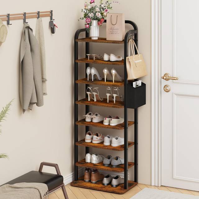 Narrow Shoe Rack, 8 Tier Vertical Shoe Shelves, Slim Shoe Stand for Closet, Entryway, Shoe Storage, Free Standing, Adjustable, with 3 Hooks