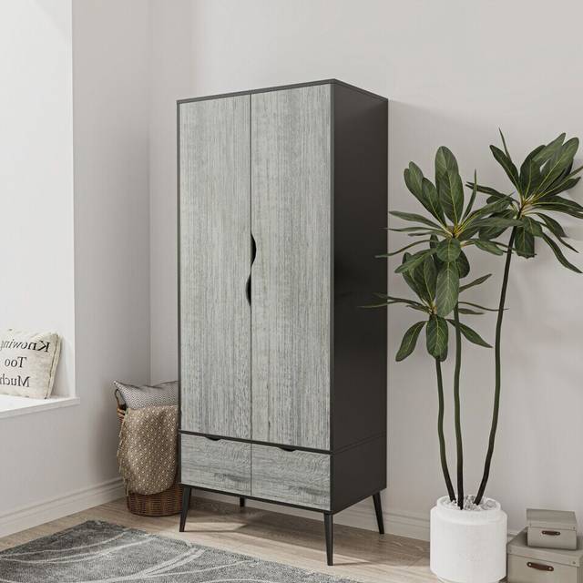 (Black Ash Grey) 2 Door 2 Drawer Wardrobe with Scandi Legs Cupboard Hanging Rail 180cm