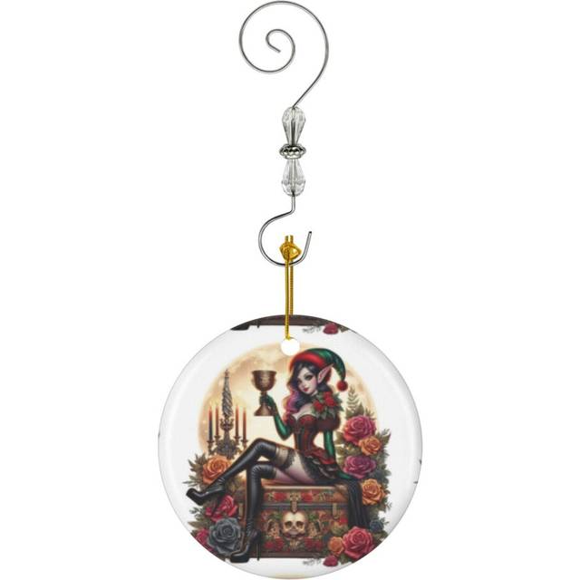 (Gothic Christmas Elf Fantasy Art Hallowmas Goblincore, Fairycore Elfcore_7023) Christmas Ornaments Ceramic with Crystal Hook Xmas Handmade Tree Decor