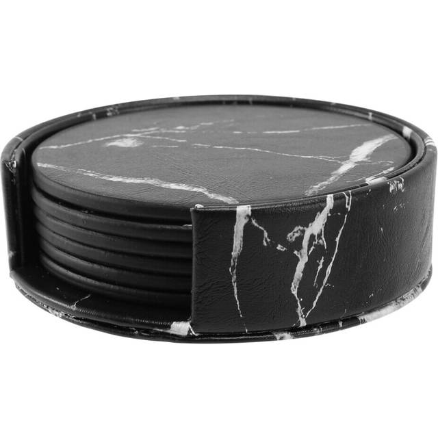 6 Piece Drinks Coasters with Holder Marble Black Round Cup Mat Pad