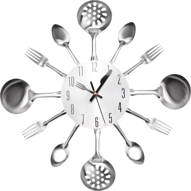 Metal Kitchen Cutlery Wall Clock 14 Inch with Fork Spoon 3D Non Ticking Quartz Watch for Bedroom Home Decor,Silver
