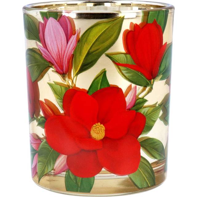 Red Magnolia Tealight Holder | Round Glass Christmas Candle Holder | Xmas Tea light Votive Pot Candle Gifts - 7cm