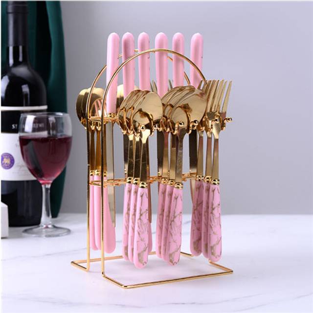 (Pink) Ceramic Stainless Steel Cutlery Sets Of 24 Pieces