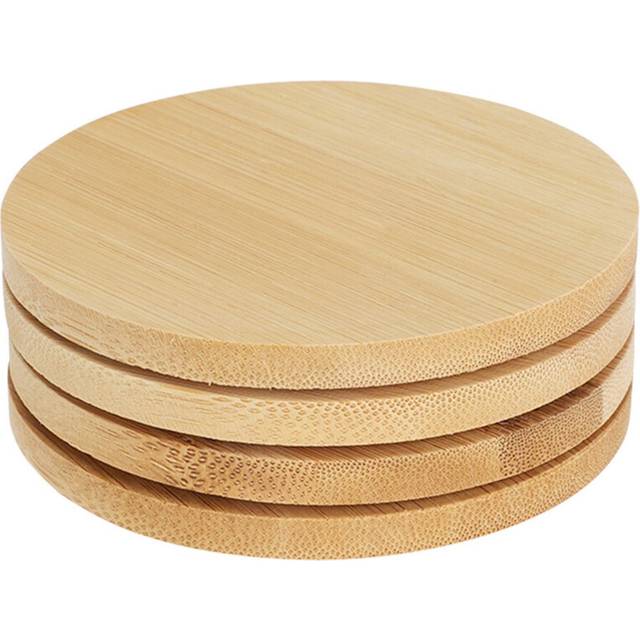 Set of 4 Round Bamboo Coasters | 4-piece Kitchen Dining Table Coasters | Wooden Drinks Cup Mug Table Mats - 10cm
