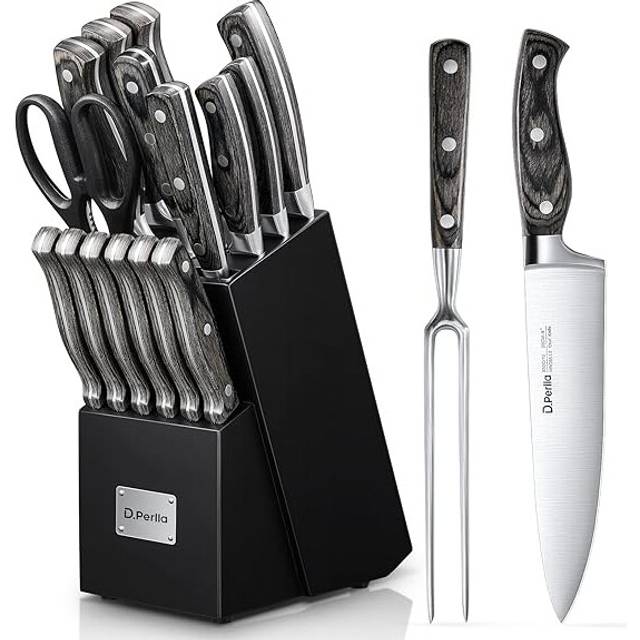 16PCS Stainless Steel Kitchen Knives Set with Wooden Block, Cooking Set of Knives with Wood Handle,Chef, Santoku,Utility, Paring & Carving Fork Knife
