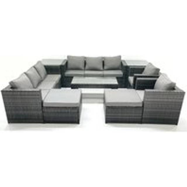 Rattan Garden Furniture Sofa Set with Coffee table Armchair 2 Side Tables 2 Big Footstools Dark Grey Mixed - Fimous