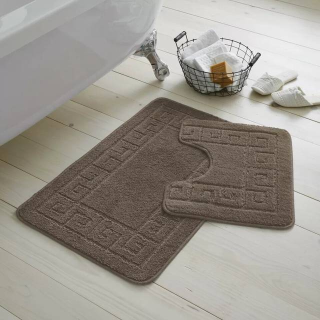 (Latte) JACQUARD GREEK STYLE BATH MAT PEDESTAL SET NON SLIP TOILET BATHROOM RUGS 2 PIECE