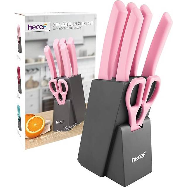 hecef Knife Set with Wooden Block & Scissors  Durable Stainless Steel Blade Extended Handle for Seamless Food Prep (Pink)