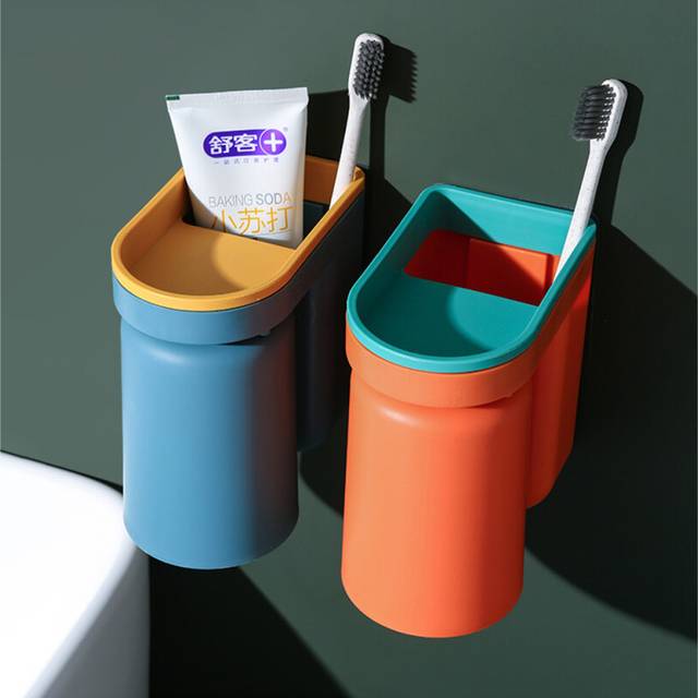 2Pcs Toothbrush Holder Punch-Free Shelf Household Wall-Mounted Mouthwash Cup