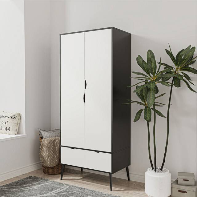 (Black White) 2 Door 2 Drawer Wardrobe with Scandi Legs Cupboard Hanging Rail 180cm