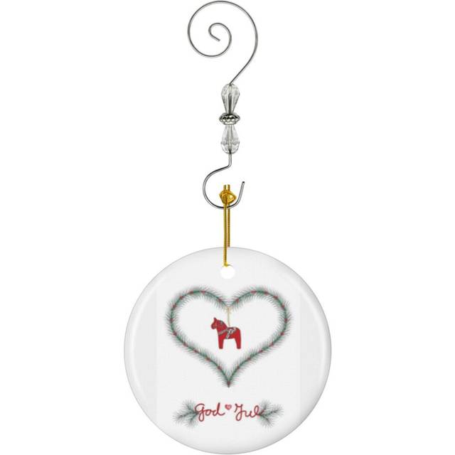 (Red Green Christmas Heart With Dala Horse And Lettering_6009) Christmas Ornaments Ceramic with Crystal Hook Xmas Handmade Tree Decorations KeepsakeÂ