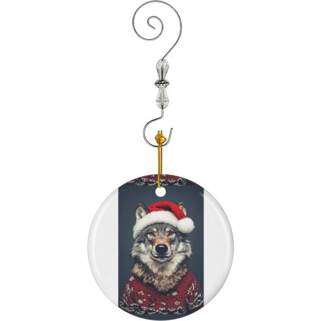 (Cute Christmas Wolf, Funny Retro Animal Photo_10353) Christmas Ornaments Ceramic with Crystal Hook Xmas Handmade Tree Decorations KeepsakeÂGifts Sto