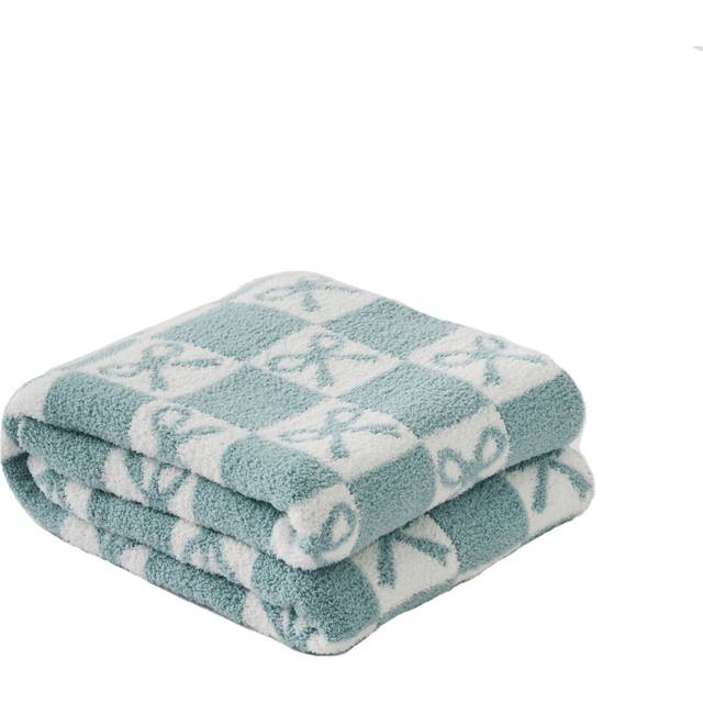 (Turquoise) Checkered Bow Knitted Throw Blankets, 51 x 63 Inch Warm and Soft Plaid Blankets, Plush Fluffy Blankets