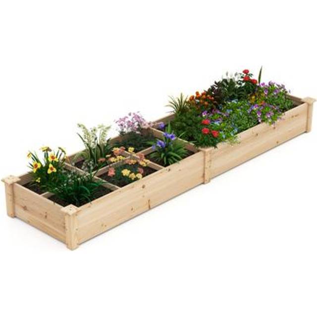 COSTWAY Wooden Raised Garden Bed with 2 Planter Boxes and Dividers-Natural