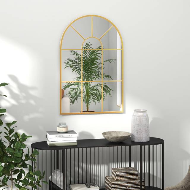 HOMCOM Modern Arched Window Wall Mirror for Bedroom, 91x60cm, Gold Tone, Gold