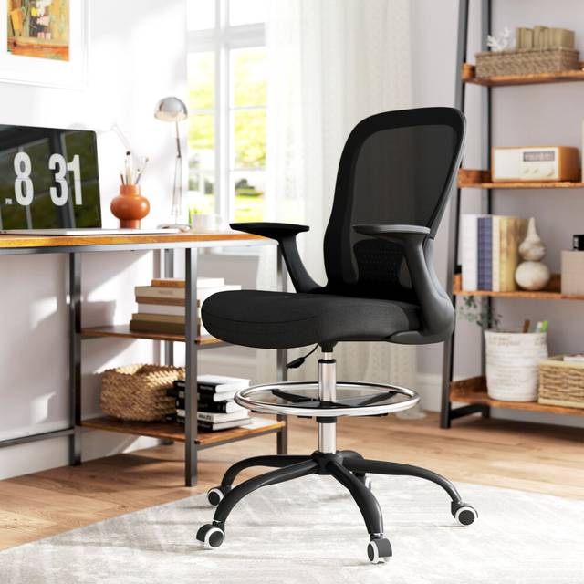 HOMCOM Mesh Draughtsman Chair, Ergonomic Drafting Chair, Black, Black