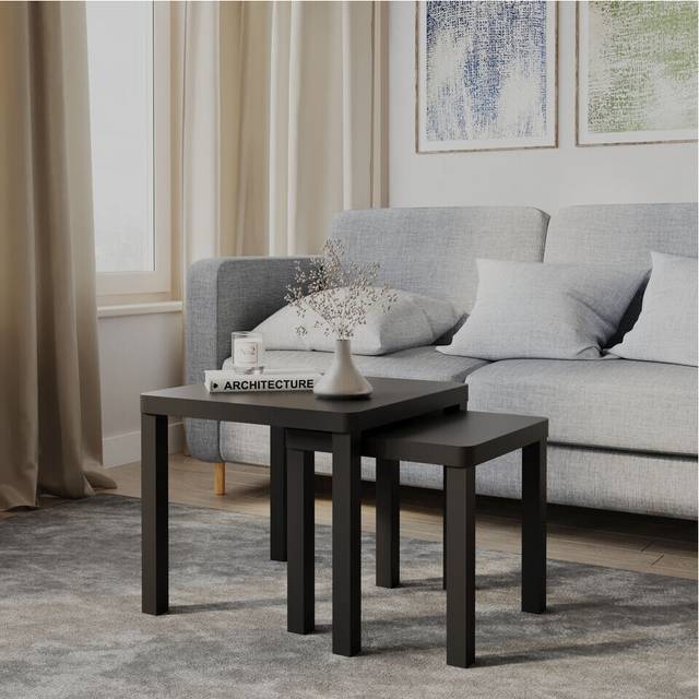 (Black ) Set of 2 Square Wooden Nesting Stacking Coffee Side Tables Living Room Furniture