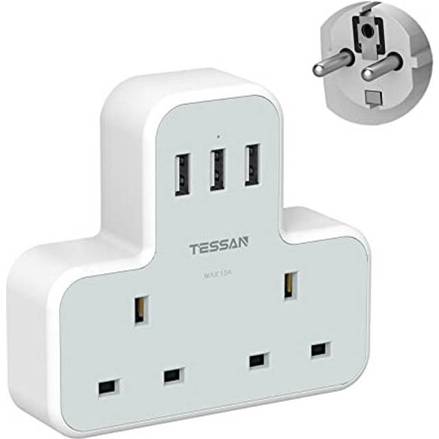 UK to European Plug Adapter, TESSAN Grounded Schuko European Plug Travel Adapter with 3 USB, Travel Adapter UK to EU Euro Europe for Spain France