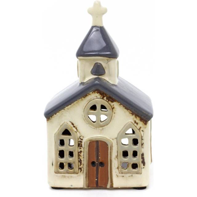 Ceramic Church Tealight Votive Holder | Village Chapel Tea Light Candle Holder | Pottery Church Ornament - 14cm