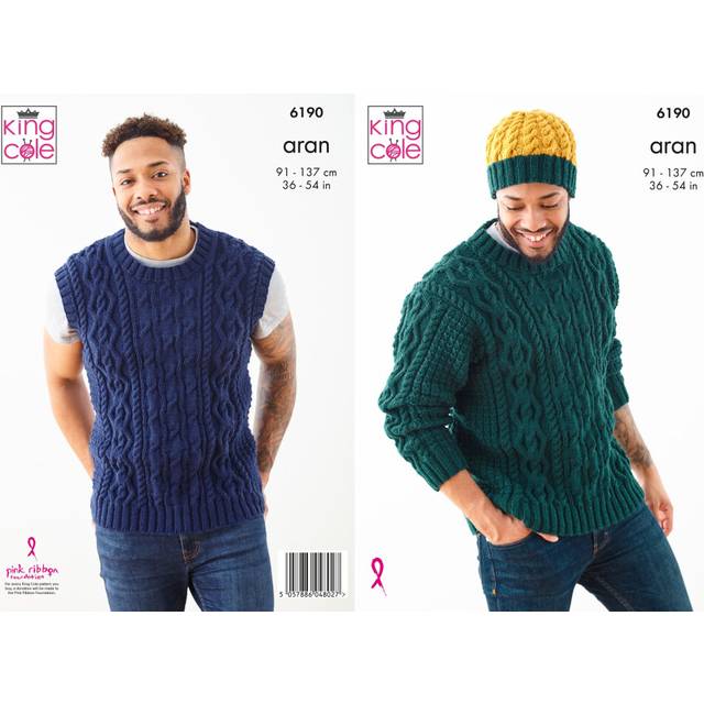 King Cole Aran Knitting Pattern Men's Sweater, Slipover & Hat (6190)