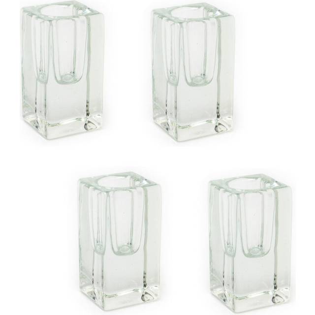 Pack of 4 Clear Glass Candlestick | Tapered Dinner Candle Holder Candle Stand | Square Glass Candle Holder - 8cm