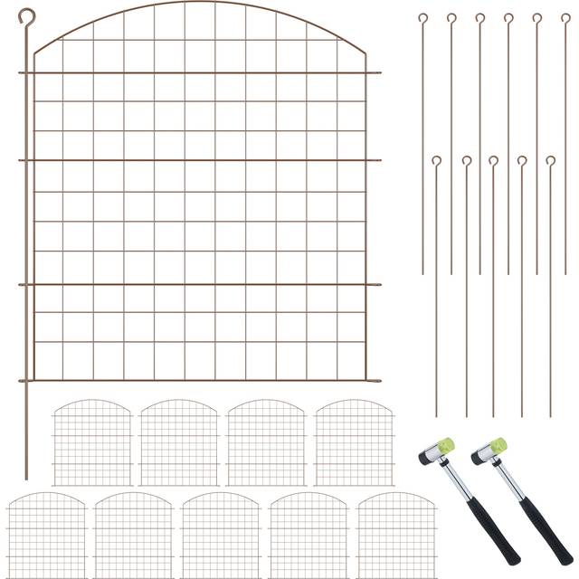 Garden Fence, 10 Panels, HxW: 78x75 cm Each, Arch, Pond Border, Flowerbed Edging, Push-In, Metal, Brown - Relaxdays