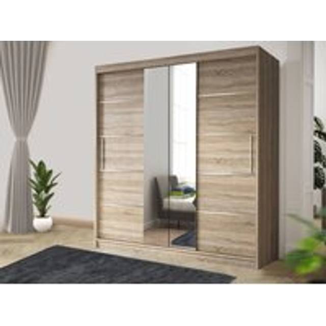 OSLO 180cm Modern white Sliding Bedroom Wardrobe with Mirror & Drawers - Light Oak - One Size