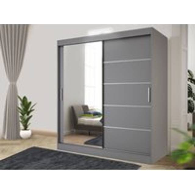 Bedroom Sliding Wardrobe with LED- wardrobe- Mirror Wardrobe -203 x 216 cm - Grey - One Size