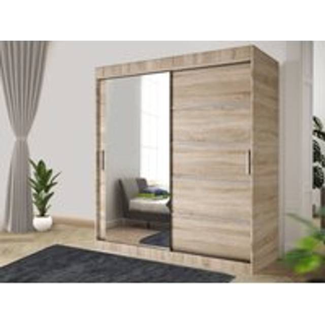 Modern white Effect 150cm Sliding Door Wardrobe with Mirror & Integrated Drawers, Spacious Bedroom Storage - Light Oak - One Size
