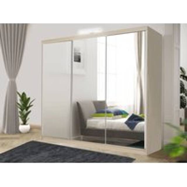 Bedroom Sliding Wardrobe with LED- wardrobe- Mirror Wardrobe -250 x 216 cm - Light Oak - One Size