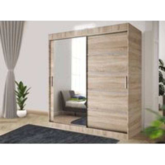Modern LED Oak Effect 150cm Sliding Door Wardrobe with Mirror & Integrated Drawers, Spacious Bedroom Storage - Light Oak - One Size