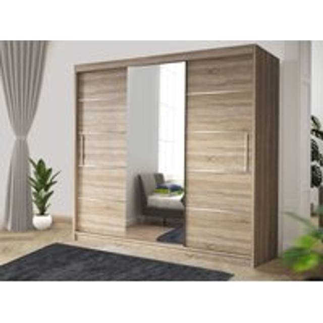 Modern black Effect 250cm Sliding Door Wardrobe with Mirror & Integrated Drawers, Spacious Bedroom Storage - Light Oak - One Size