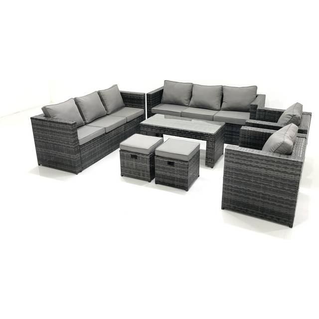 Fimous Rattan Garden Furniture Sofa Set with Coffee table Armchair 2 Small Footstools Dark Grey Mixed