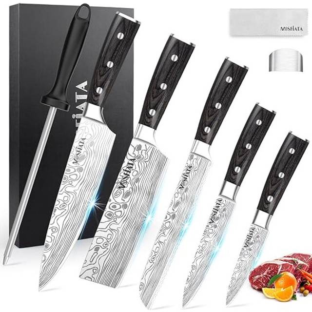 "5PCS Kitchen Knife Set, Professional Sharp 8"" Chef Knife & 7"" Nakiri Knife & Utility Knives Set, German High Carbon Stainless Steel Chef Knife Set"