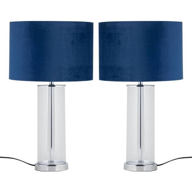 Set of 2 modern chrome glass table lamp bedside lights navy velvet parrot shades