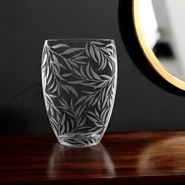 12 Clear and Frosted Leaf Pattern Oval Crystal Table Vase