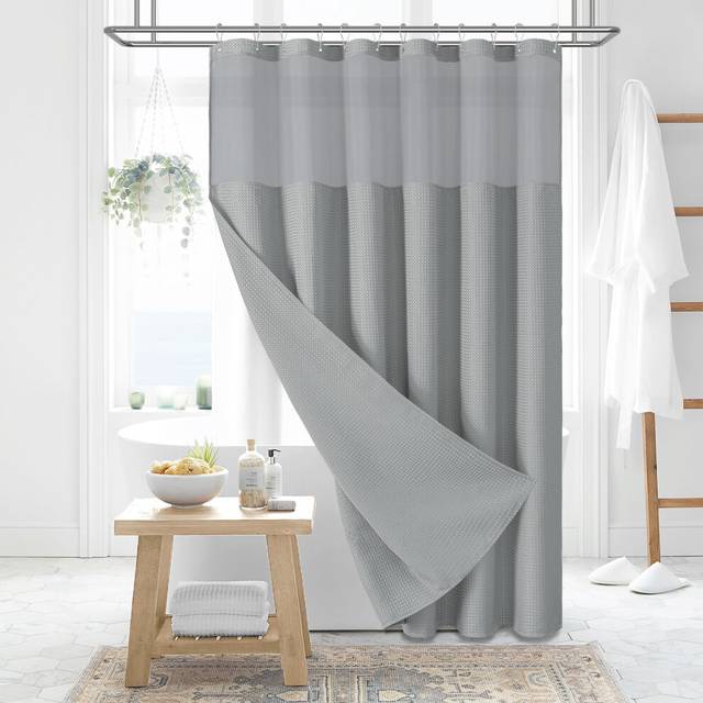 Dynamene Fabric Shower Curtain with Snap in Liner  Grey Waffle Hotel Shower Curtains for Bathroom  Washable Waterproof Cloth Sho