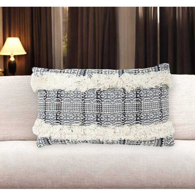 12 X 20 Blue and White Striped Cotton Throw Pillow Cover With Fringe
