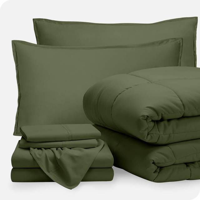 Bare Home Bed-in-A-Bag 7 Piece Comforter & Sheet Set - Queen - Goose Down Alternative - Ultra-Soft 1800 Premium - Bedding Set (Queen  Cypress/Cypress)
