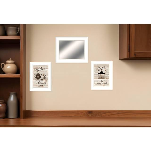 Set Of Three Coffee and Tea Time White Framed Print Kitchen Wall Art With Mirror