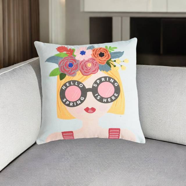 16 Blue and Pink Floral Cotton Throw Pillow Cover With Embroidery